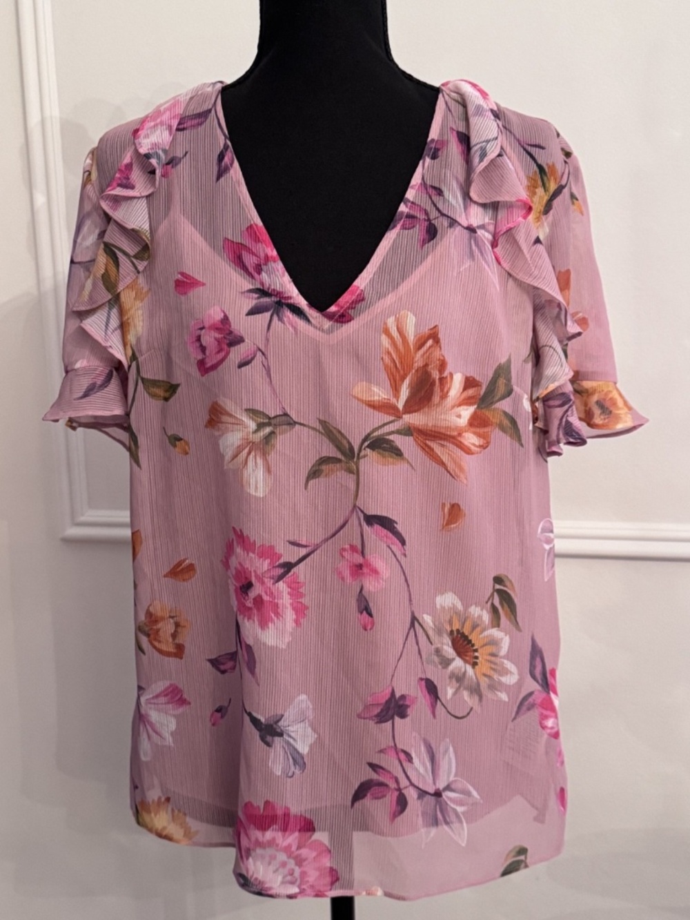 Ted Baker Rhubarb Floral Top Sz 2 US 6 Pink V-Neck Detachable Cami Crepe EUC